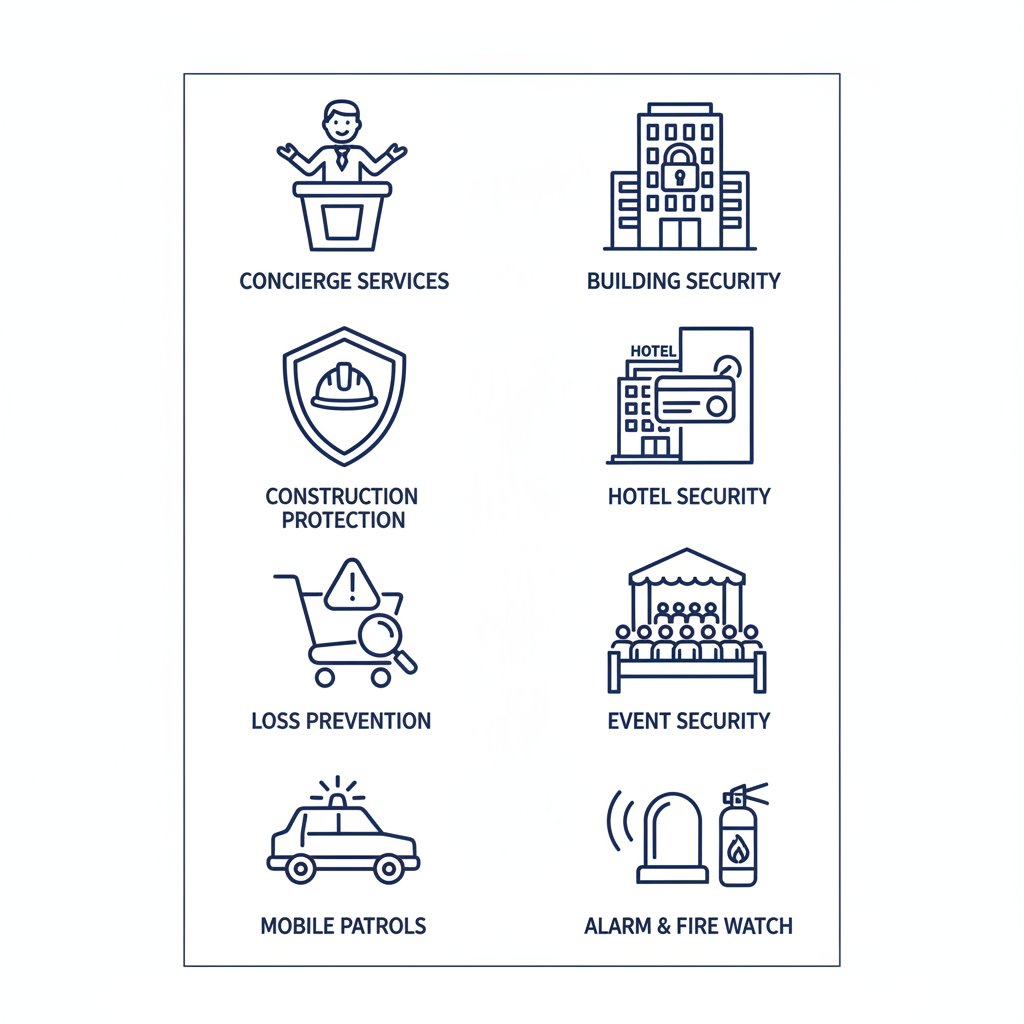 Square grid of eight modern flat icons depicting key security services including concierge, building security, construction protection, hotel services, loss prevention, event security, mobile patrols, alarm response, and fire watch.
