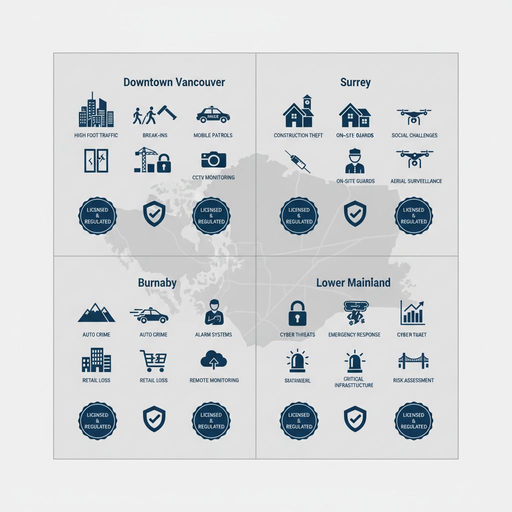 Infographic depicting security challenges and services across Vancouver areas with icons for Downtown, Surrey, Burnaby, and Lower Mainland