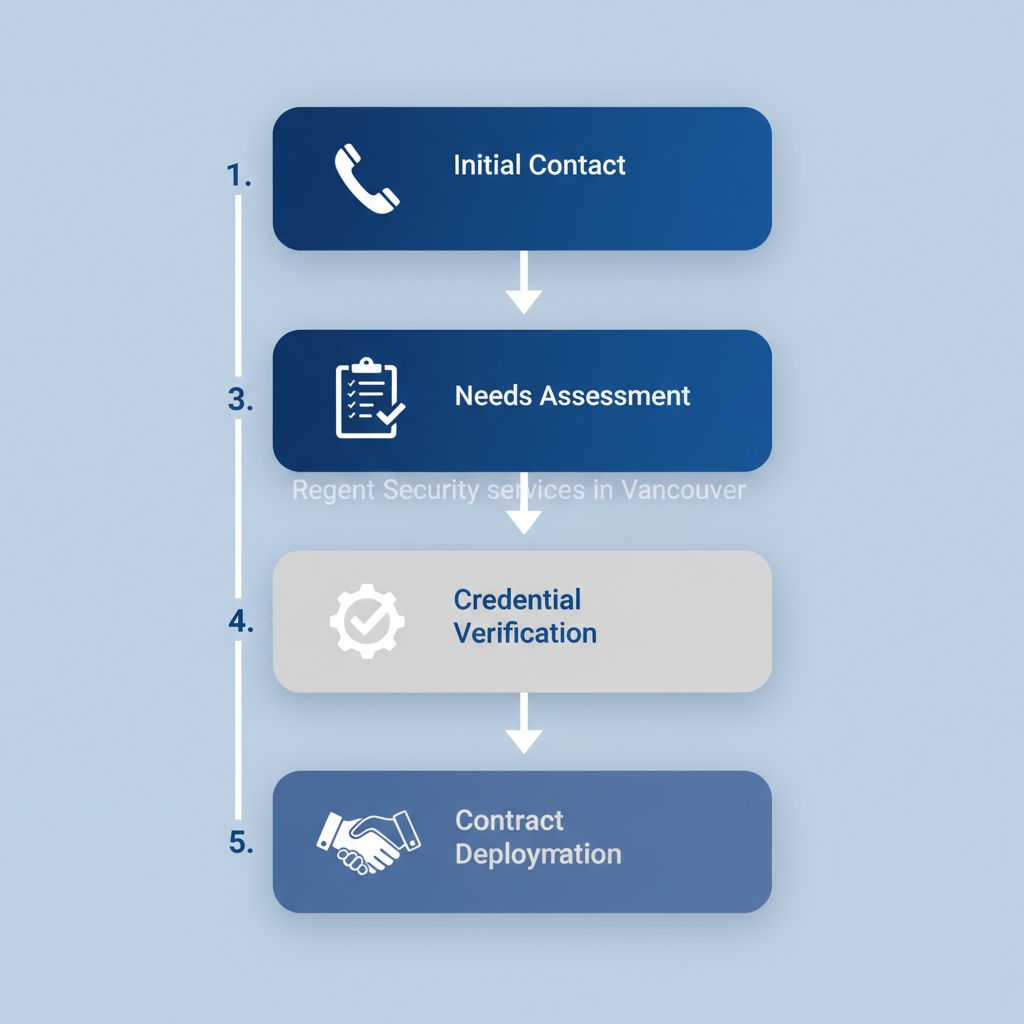 Vertical process flow diagram outlining steps to engage security services in Vancouver with icons and labels
