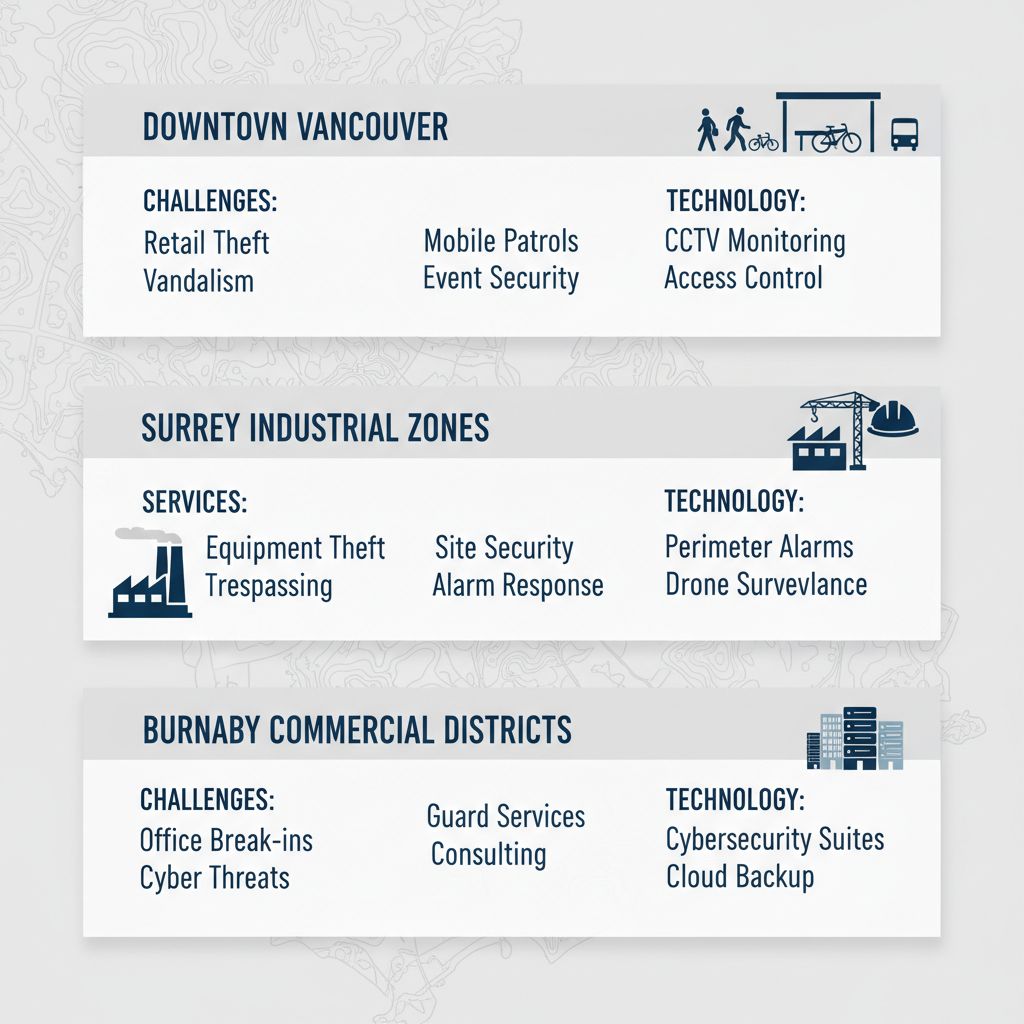 Infographic illustrating security needs and solutions across Vancouver regions: Downtown, Surrey, and Burnaby.