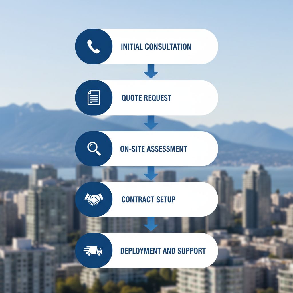 Vertical process flow diagram illustrating five steps to engage security services: initial consultation, quote request, on-site assessment, contract setup, and deployment with support.