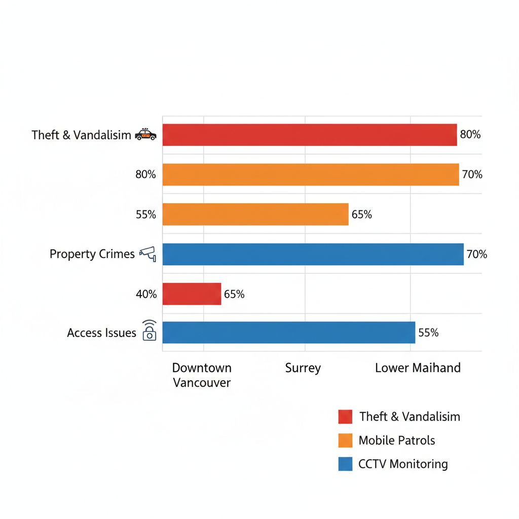 Horizontal bar chart comparing security challenges and risks in Downtown Vancouver, Surrey, Burnaby, and Lower Mainland areas with color-coded bars and service icons.