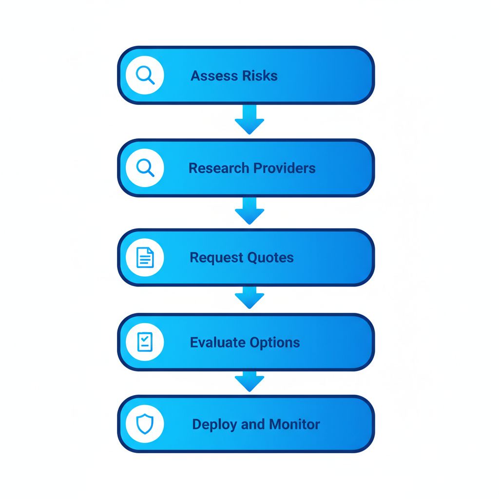 Vertical process flow diagram showing five steps to secure property in Vancouver: assess risks, research providers, request quotes, evaluate options, deploy and monitor.