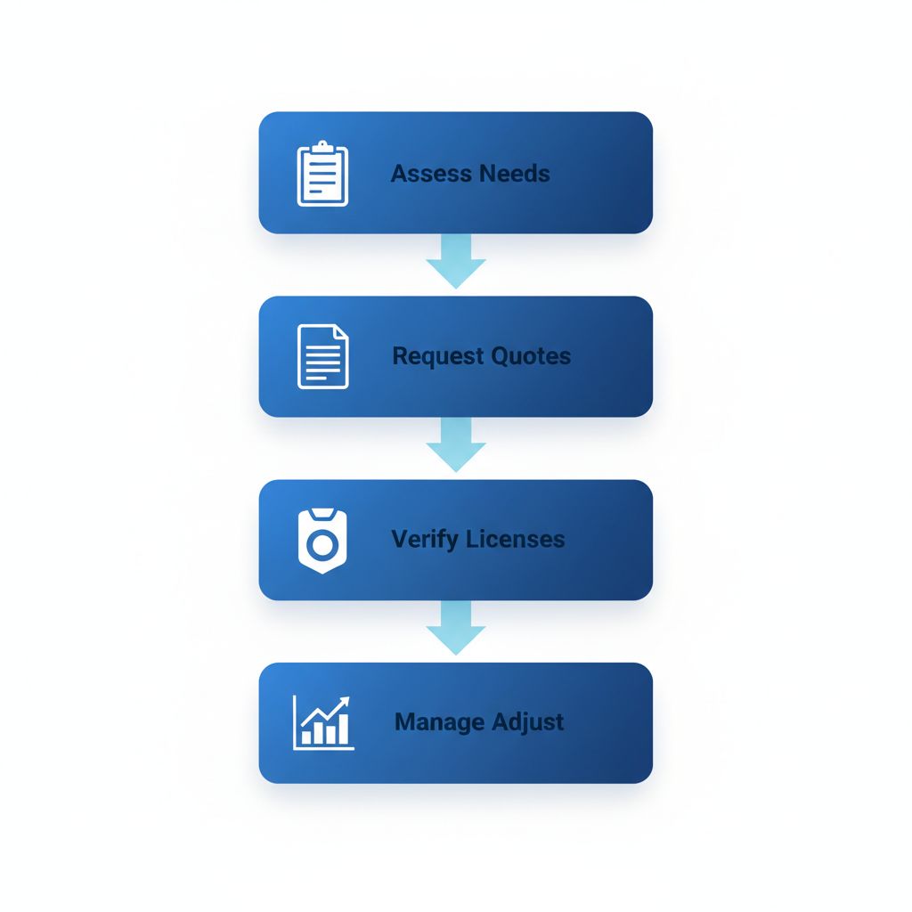 Vertical process flow diagram illustrating five steps to hire security guards, featuring icons and labels in blue tones.