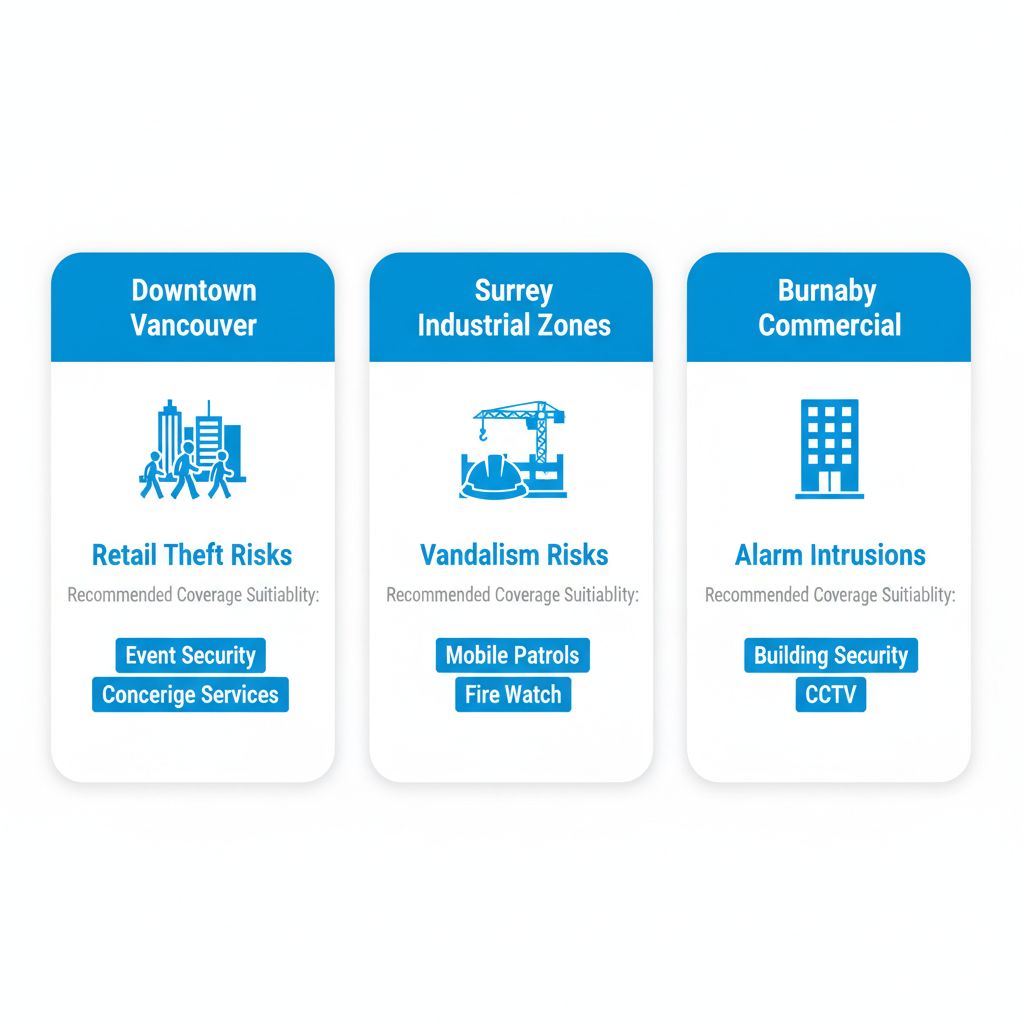 Three-column infographic illustrating security risks and recommended services for Downtown Vancouver, Surrey industrial zones, and Burnaby commercial areas.