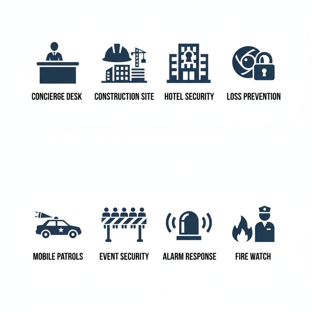 Grid of 8 flat icons representing Regent Security's services: concierge, construction, hotel, loss prevention, mobile patrols, event security, alarm response, and fire watch.