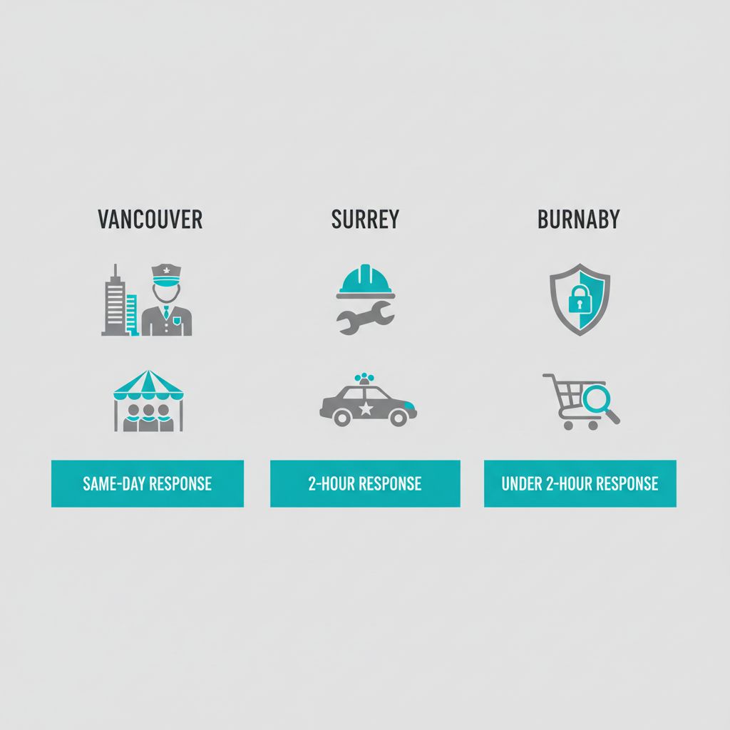 Infographic comparing security services, response times, and coverage icons for Vancouver, Surrey, and Burnaby.