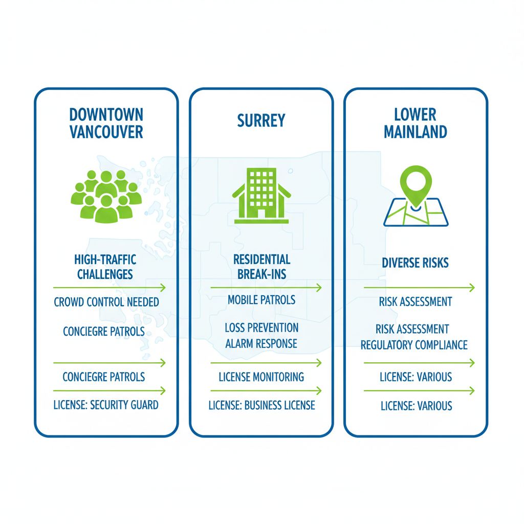 Infographic comparing security challenges and services in Downtown Vancouver, Surrey, Burnaby, and Lower Mainland areas, with icons and minimal labels.