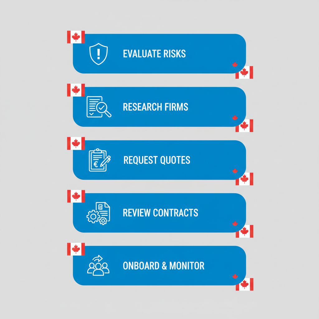 Vertical process flow diagram illustrating five steps to hire security guards in Vancouver