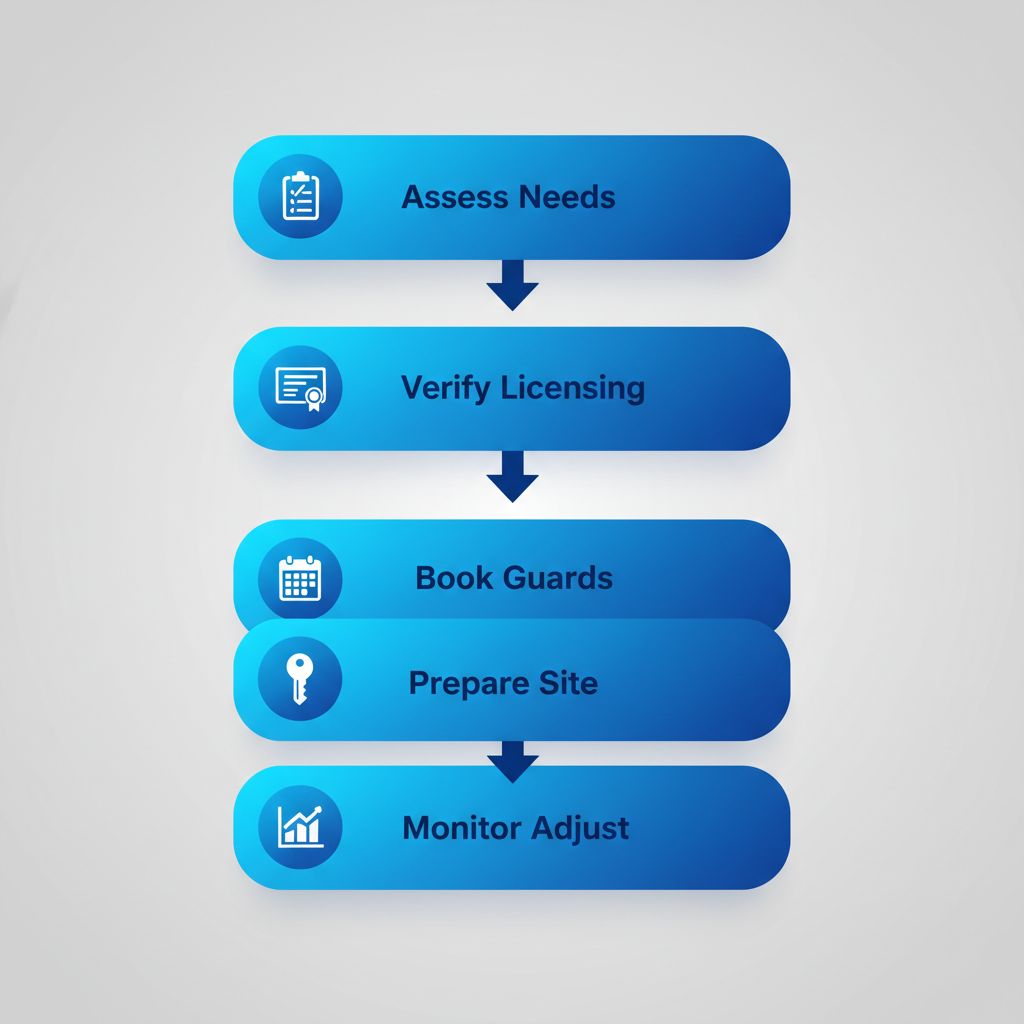 Vertical process flow diagram showing five steps to hire security services in Surrey with icons and labels.