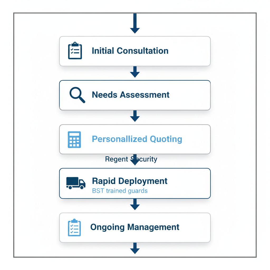 Vertical process flow diagram illustrating five steps to secure property in Surrey: consultation, assessment, quoting, deployment, and management.