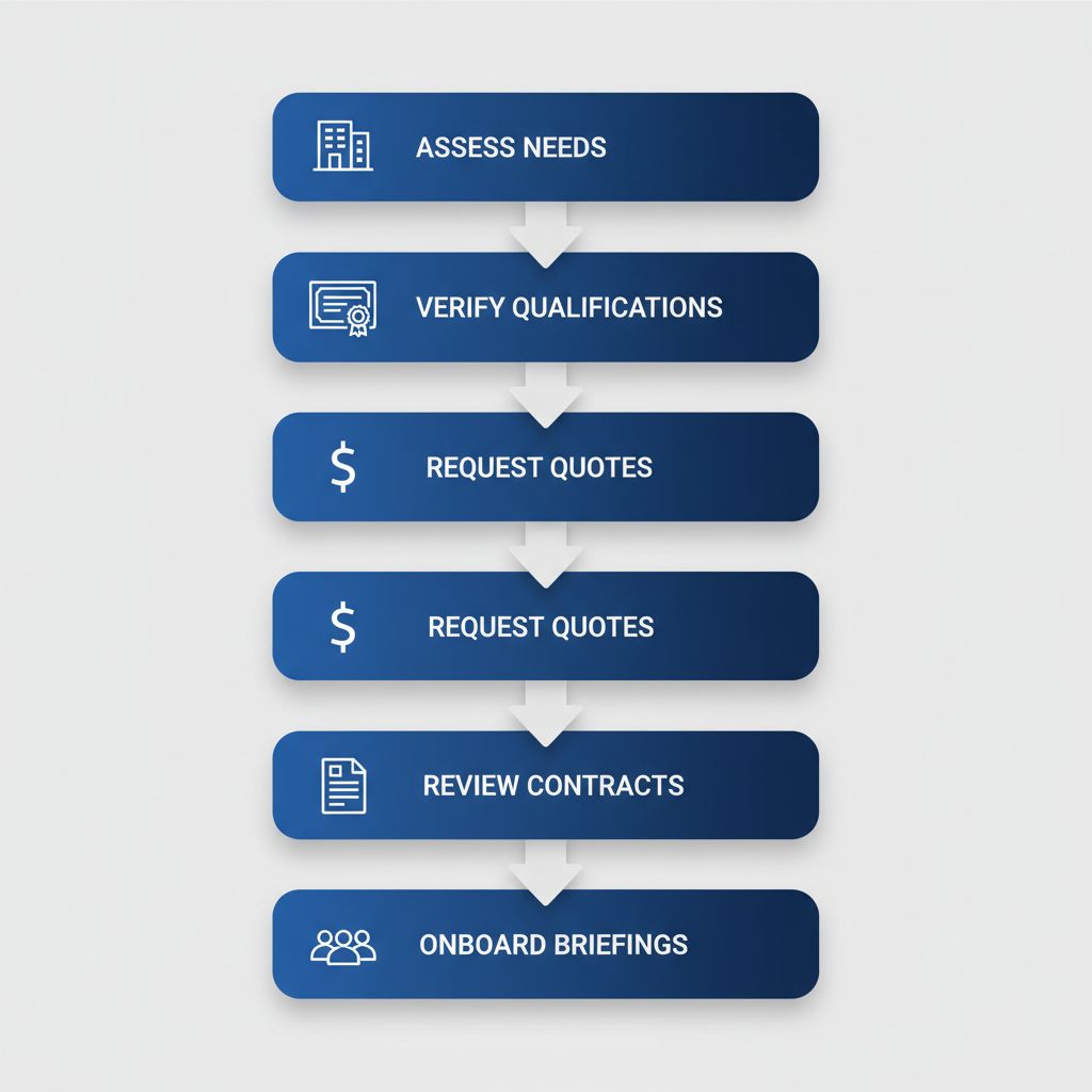 Vertical process flow diagram illustrating five steps to hire reliable security guards in Surrey: assess needs, verify qualifications, request quotes, review contracts, and onboard with briefings.