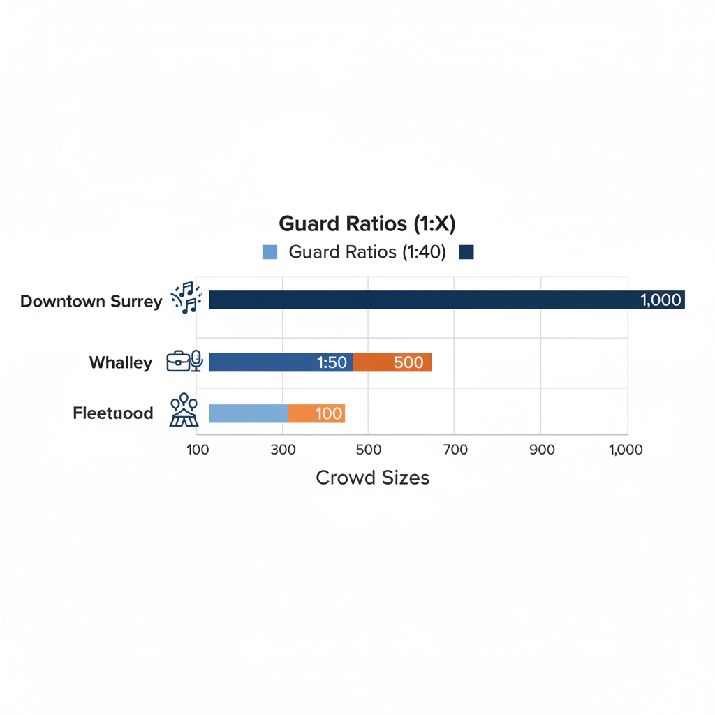Horizontal bar chart showing event security guard ratios and crowd sizes for Downtown Surrey, Whalley, and Fleetwood neighborhoods.