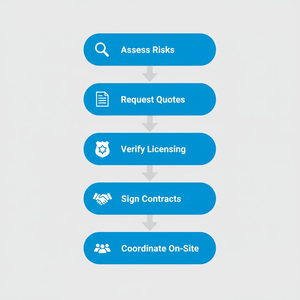 Vertical process flow diagram illustrating five steps for hiring event security in Surrey, including risk assessment, quote requests, licensing verification, contract signing, and on-site coordination with relevant icons.