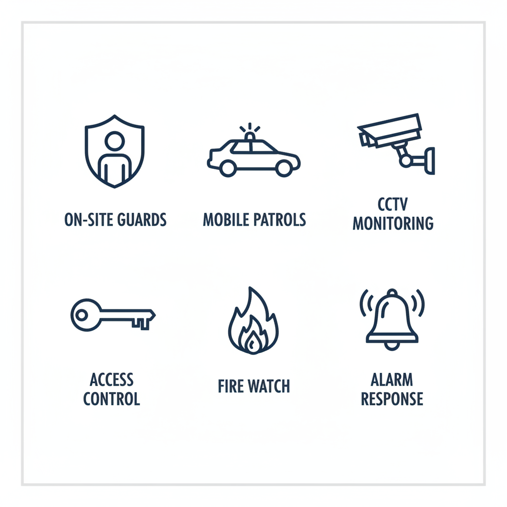 Grid of icons representing security services including on-site guards, mobile patrols, CCTV monitoring, access control, fire watch, and alarm response
