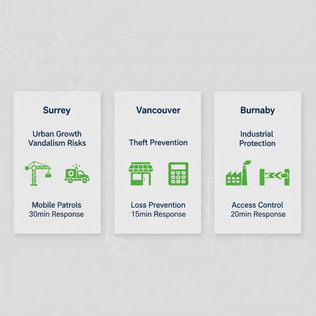 Infographic comparing security services and response times in Surrey, Vancouver, and Burnaby with icons and minimal labels