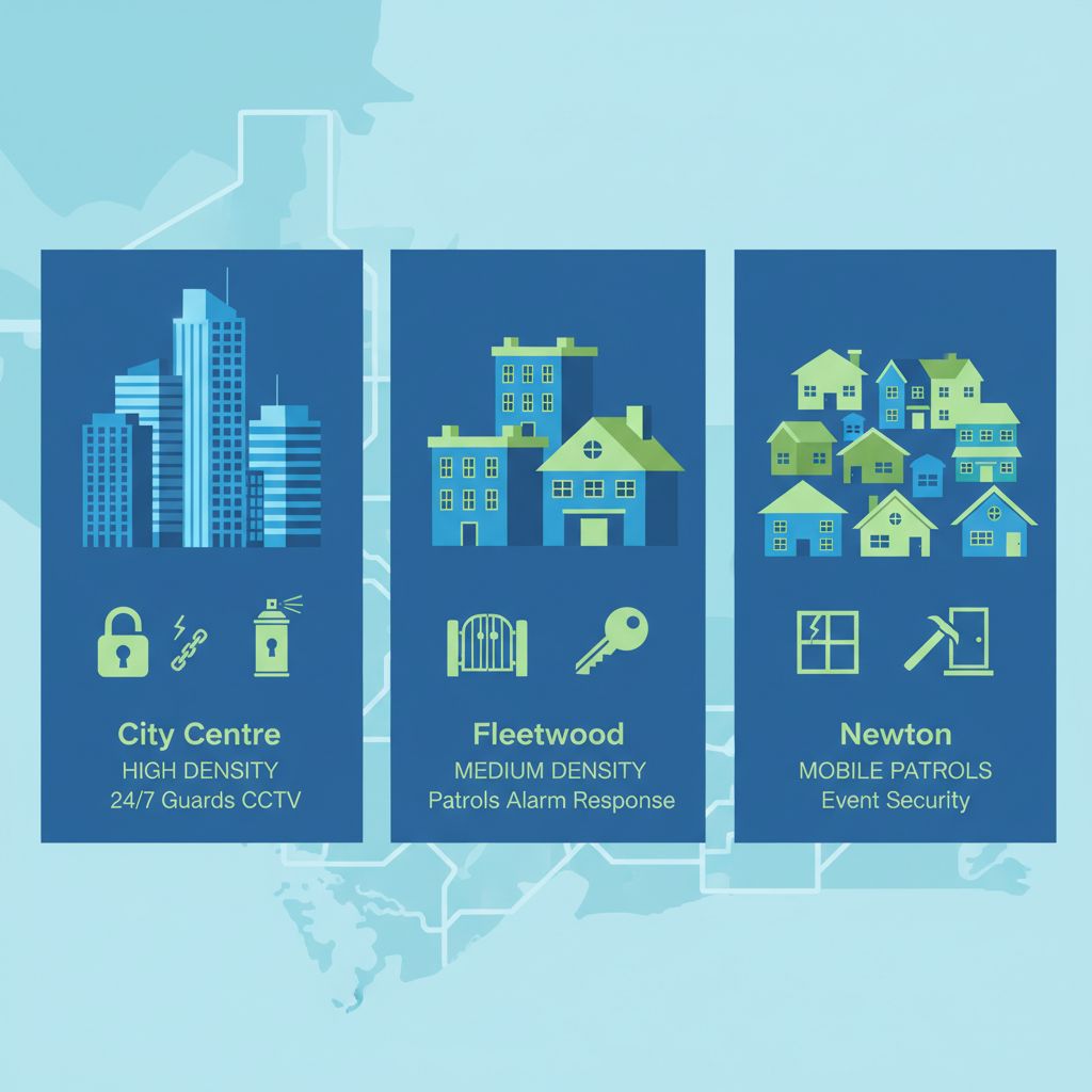 Infographic comparing security challenges and recommendations in Surrey's City Centre, Fleetwood, and Newton neighborhoods