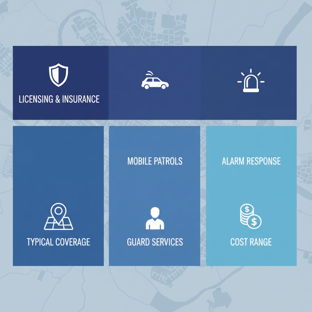 Infographic illustrating key aspects of security services in Surrey and surrounding areas including licensing, patrols, and costs
