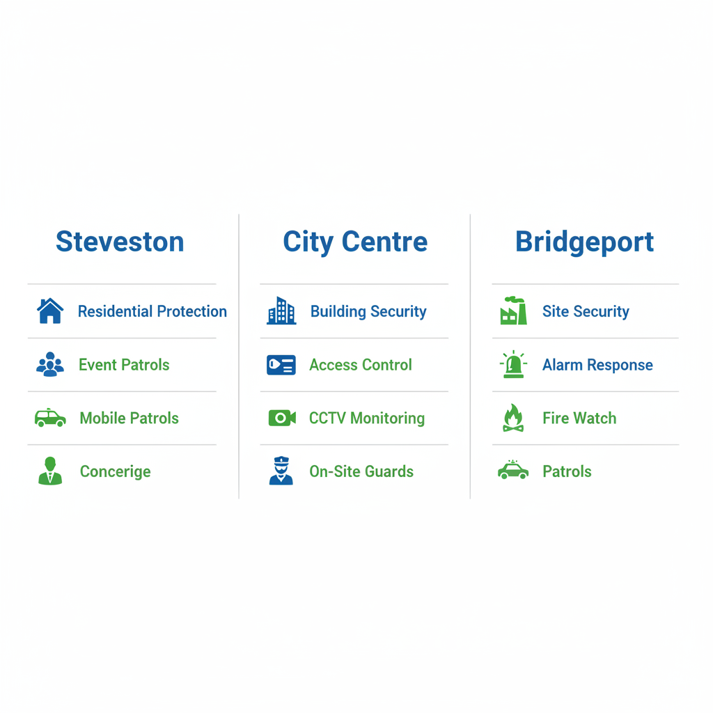 Infographic comparing security needs and services in Steveston, City Centre, and Bridgeport neighborhoods of Richmond.