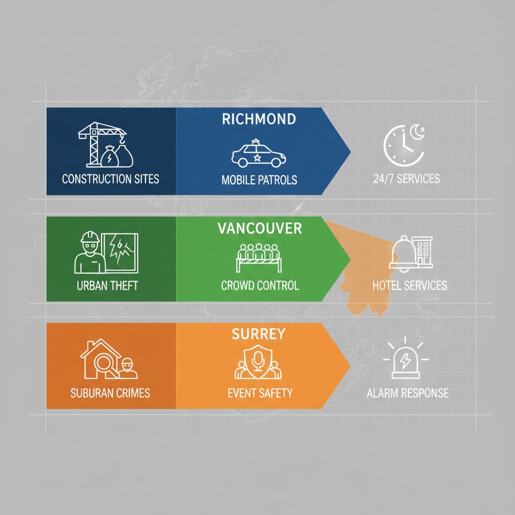 Infographic comparing security challenges and services in Richmond, Vancouver, and Surrey