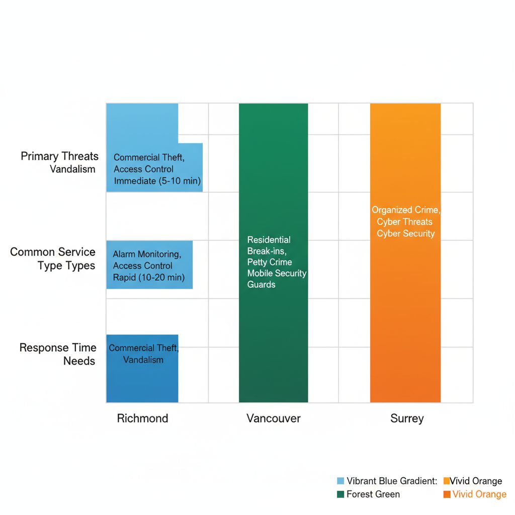 Horizontal bar chart comparing security threats, services, and response needs across Richmond, Vancouver, and Surrey.