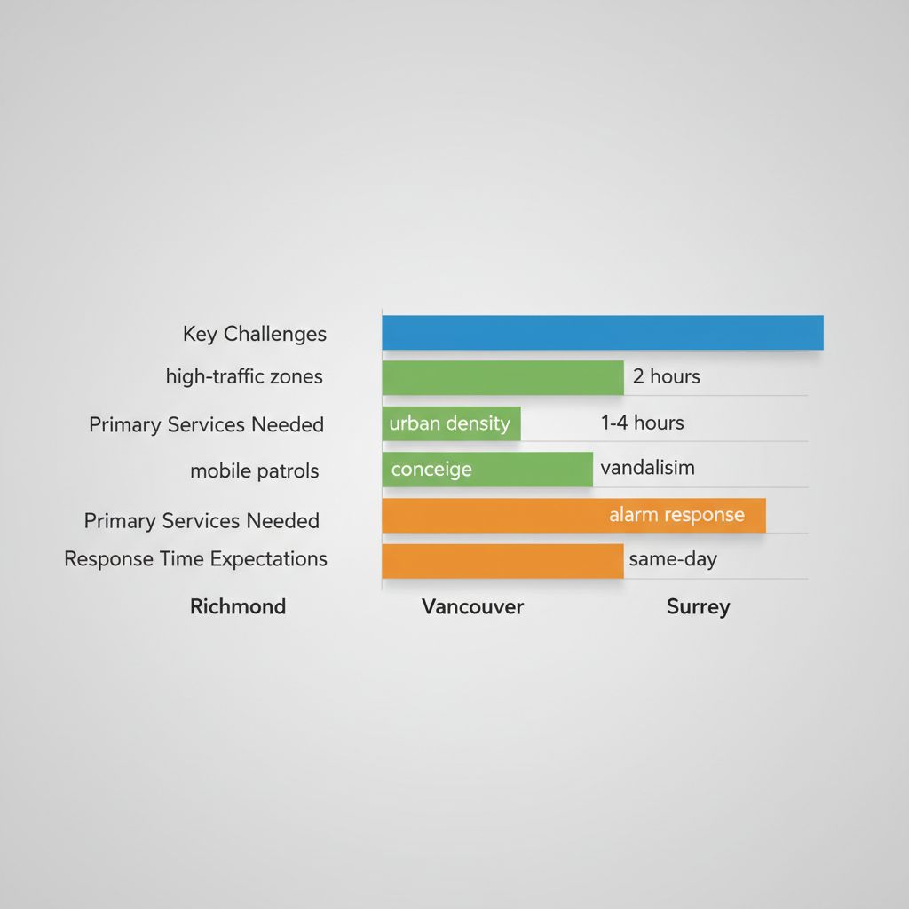 Horizontal bar chart comparing security challenges, primary services, and response times across Richmond, Vancouver, and Surrey in the Lower Mainland.