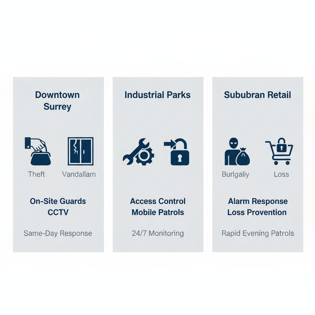 Infographic comparing security risks and solutions across Downtown Surrey, Industrial Parks, and Suburban Retail areas