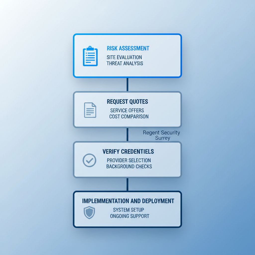 Vertical process flow illustrating four steps to start security services: risk assessment, request quotes, verify credentials, and deployment.