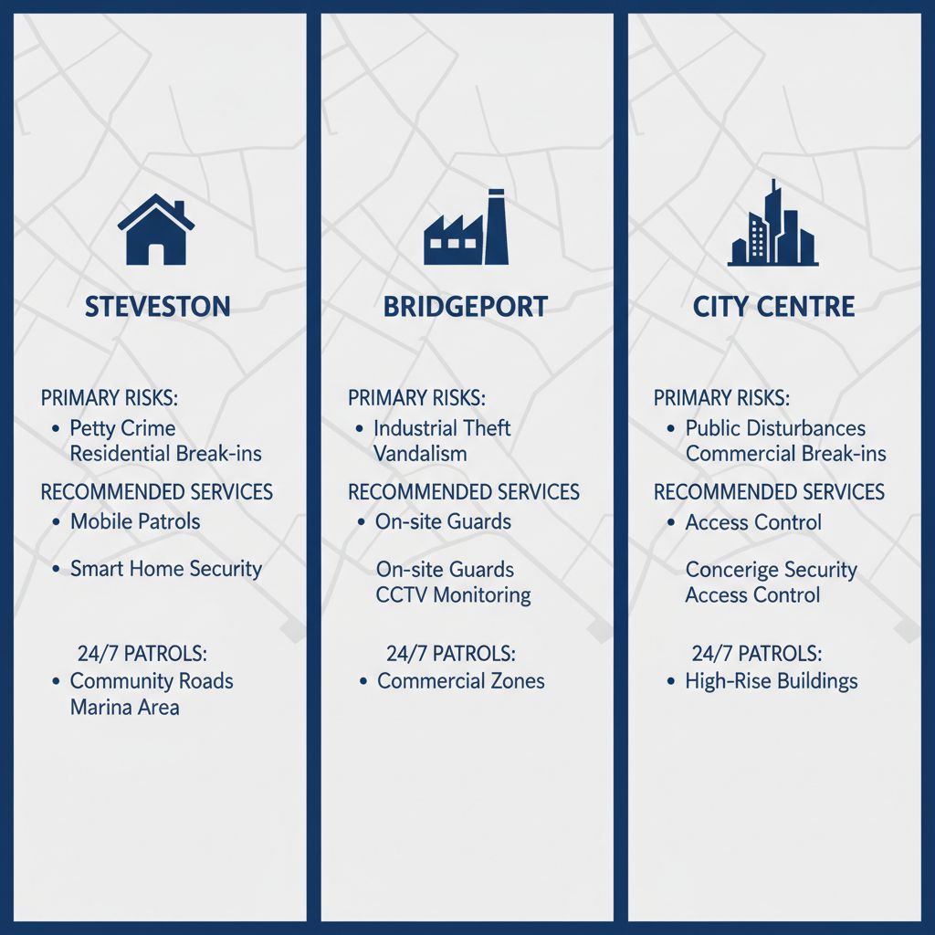 Infographic comparing security needs, risks, and recommended services across Steveston, Bridgeport, and City Centre neighborhoods in Richmond