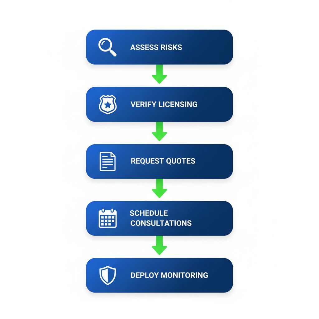 Vertical process flow illustrating five steps to hire security services in Richmond BC, from risk assessment to deployment with 24/7 monitoring.