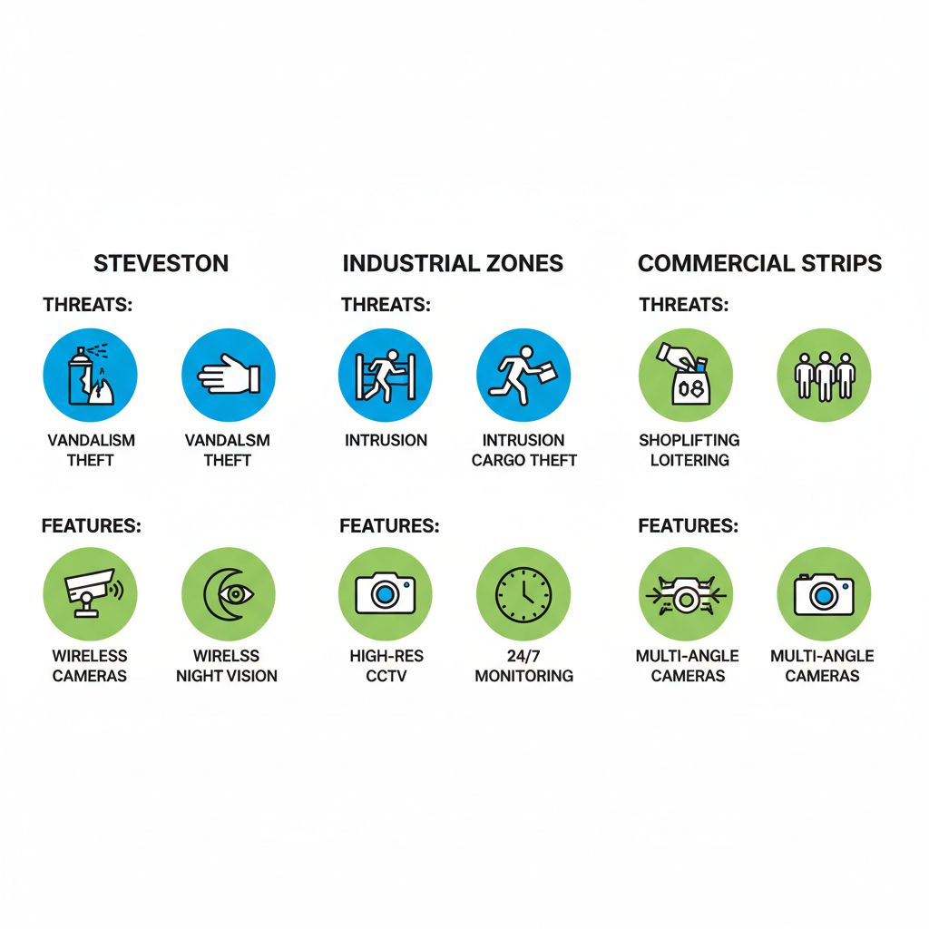 Infographic comparing surveillance needs in Steveston, industrial zones, and commercial strips of Richmond with icons for threats and features.