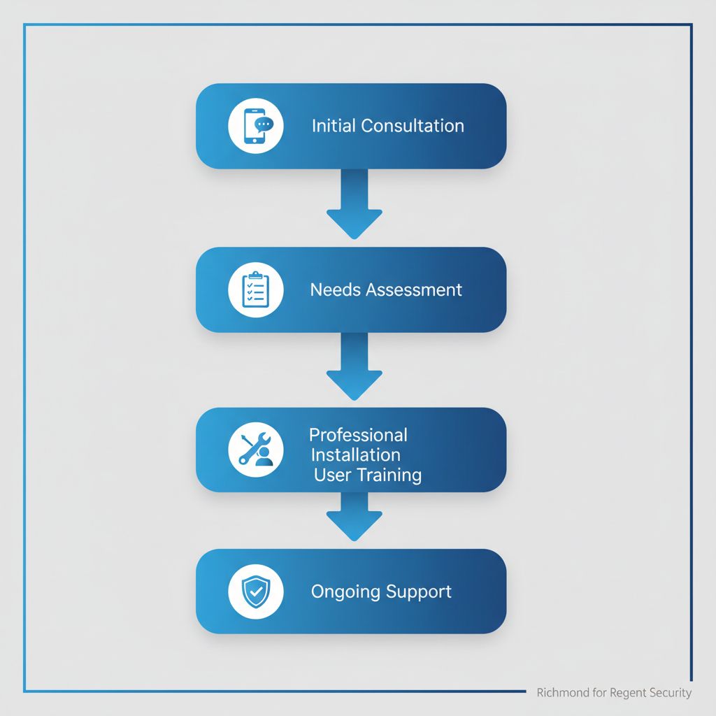 Vertical diagram illustrating the five-step process for setting up surveillance services in Richmond: consultation, assessment, installation, training, and support.