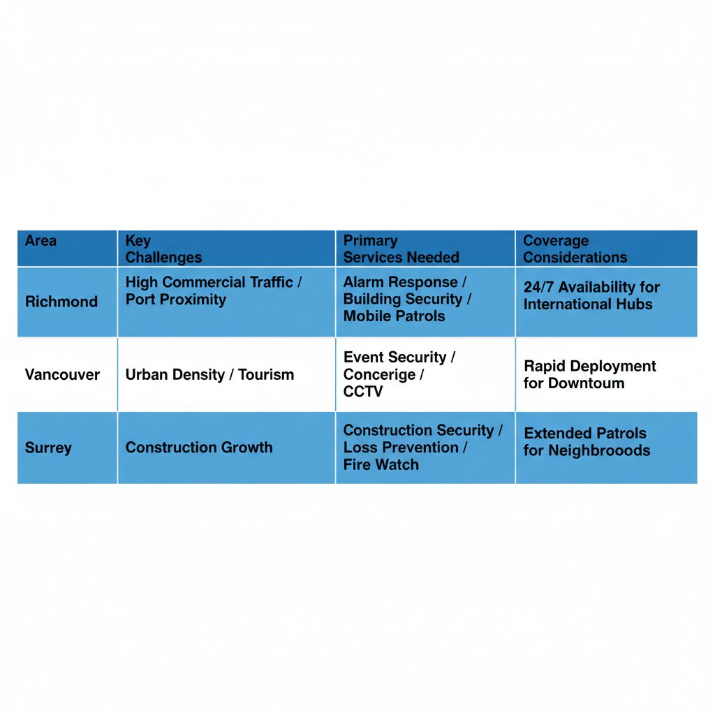 Comparison table illustrating security challenges, services, and coverage for Richmond, Vancouver, and Surrey in British Columbia's security industry.