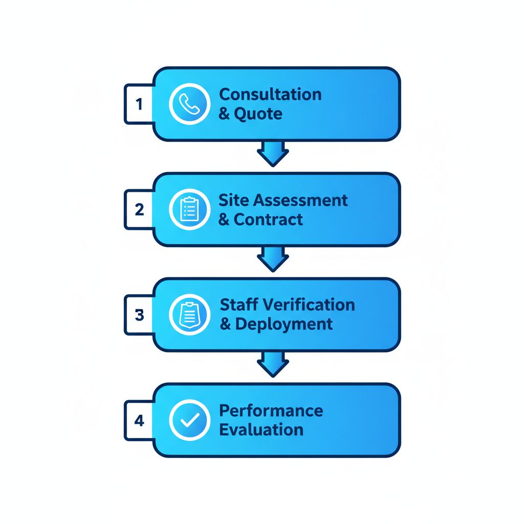 Vertical process flow diagram showing four steps to initiate security services with Regent Security in Burnaby.