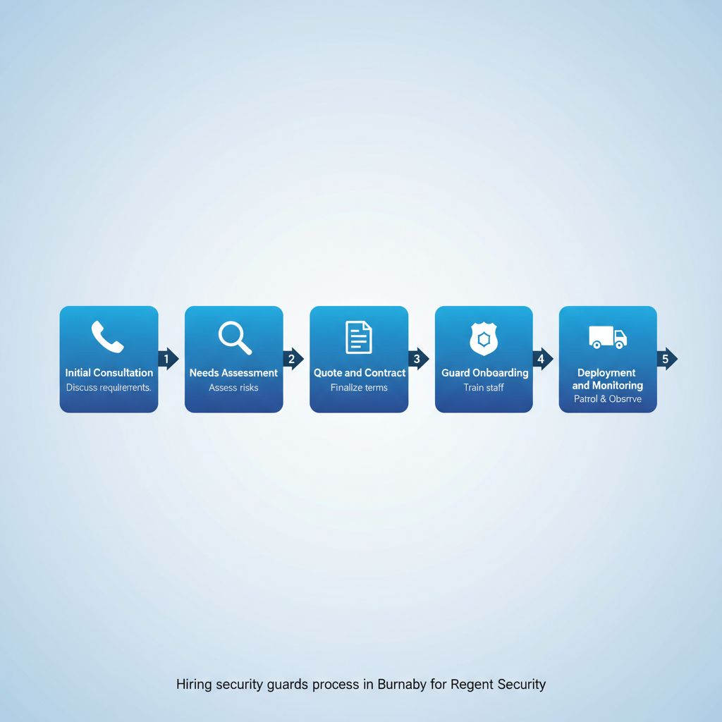Horizontal process flow diagram showing five steps to hire security guards in Burnaby, including consultation, assessment, quoting, onboarding, and deployment with icons.