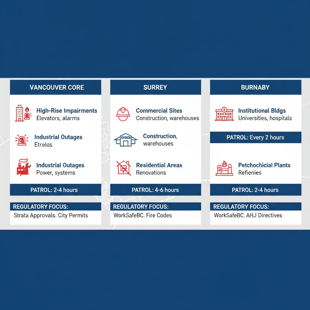 Infographic comparing fire watch requirements, patrol frequencies, and regulations across Vancouver Core, Surrey, and Burnaby areas