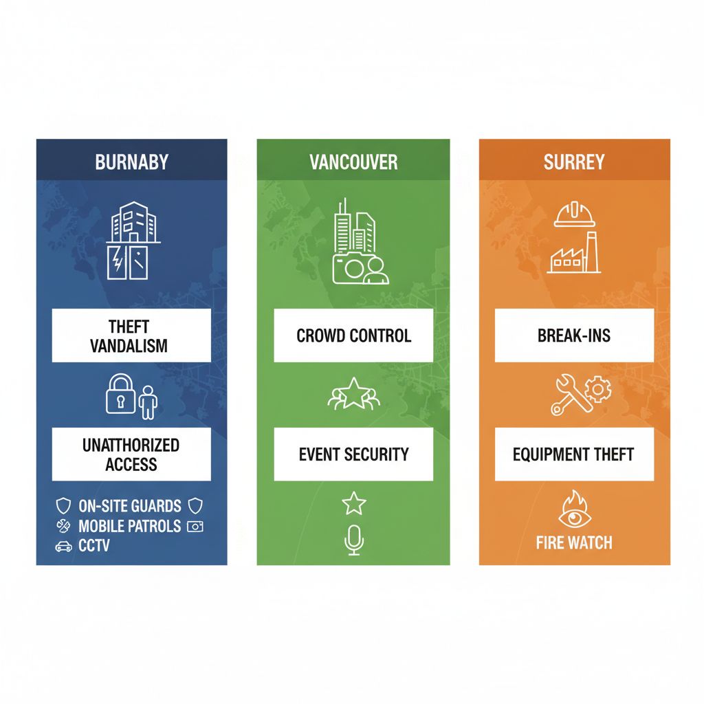 Infographic comparing security risks and services in Burnaby, Vancouver, and Surrey regions