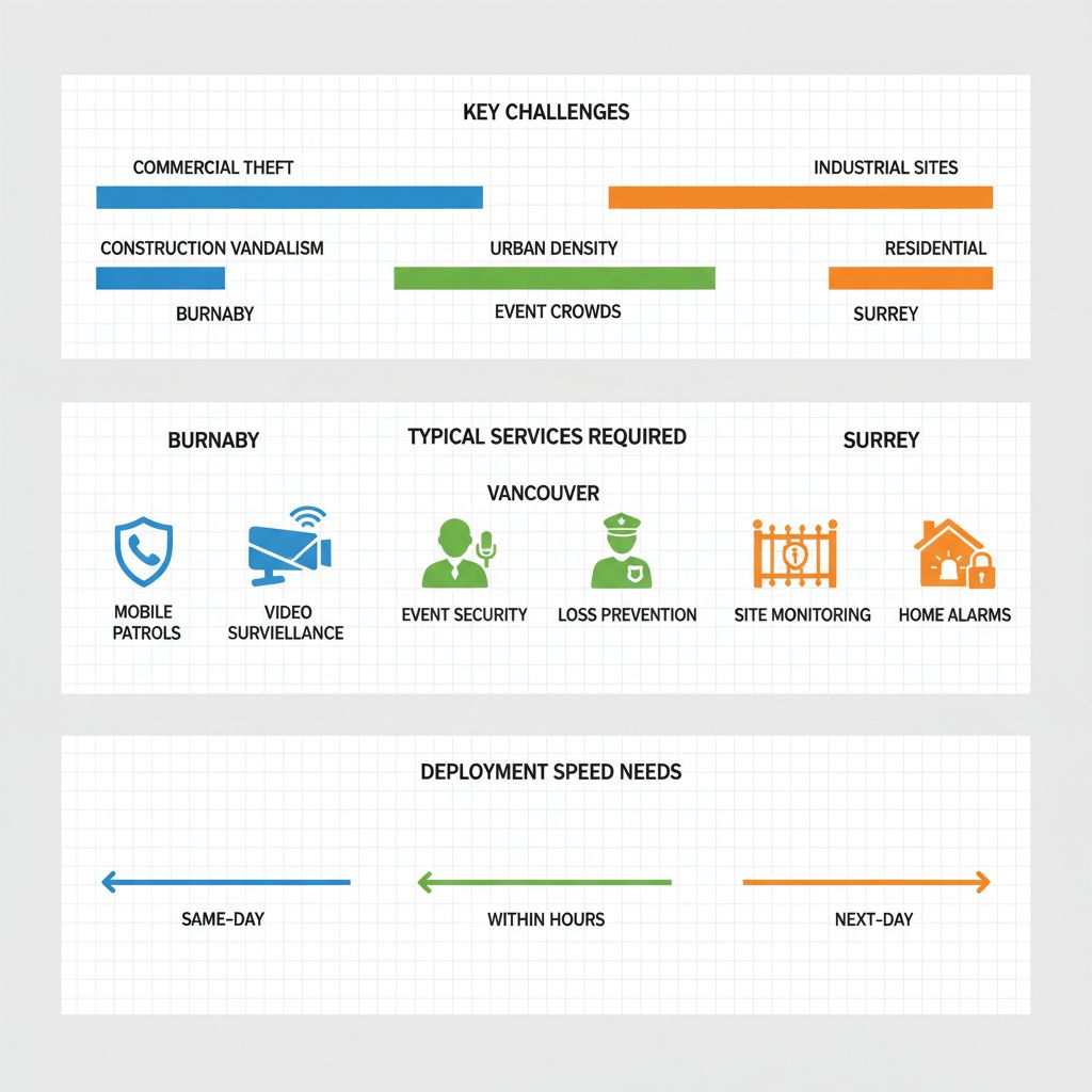Infographic comparing security challenges, services, and deployment speeds for Burnaby, Vancouver, and Surrey in Lower Mainland.