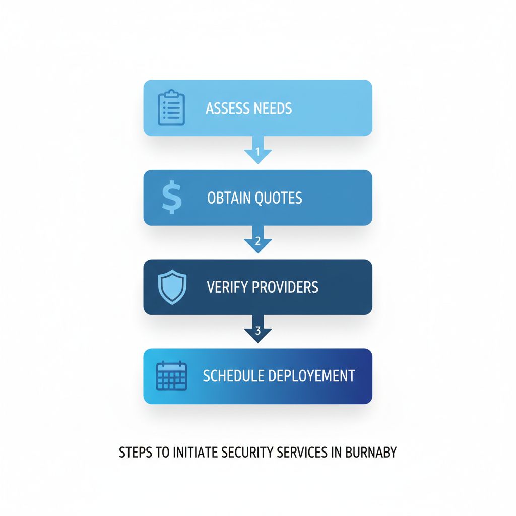 Vertical process flow diagram illustrating four steps to start security services in Burnaby: assess needs with clipboard, obtain quotes with dollar sign, verify providers with shield, schedule deployment with calendar.