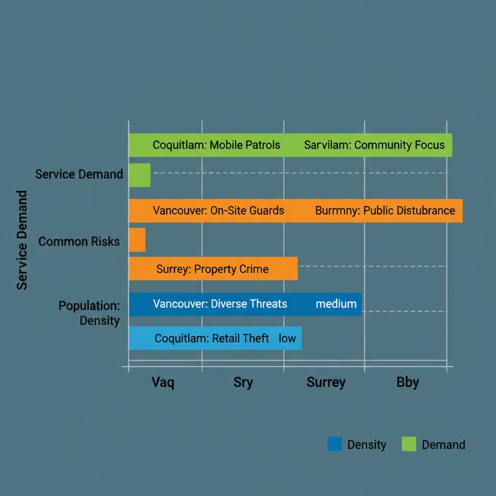 Horizontal bar chart comparing security needs in Coquitlam, Vancouver, Surrey, and Burnaby, showing population density, risks, and service demand.