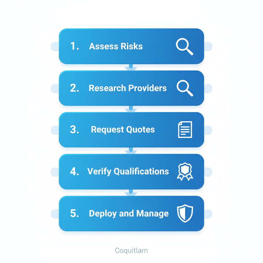 Vertical process flow diagram illustrating five steps to hire security guards for business protection in Coquitlam.