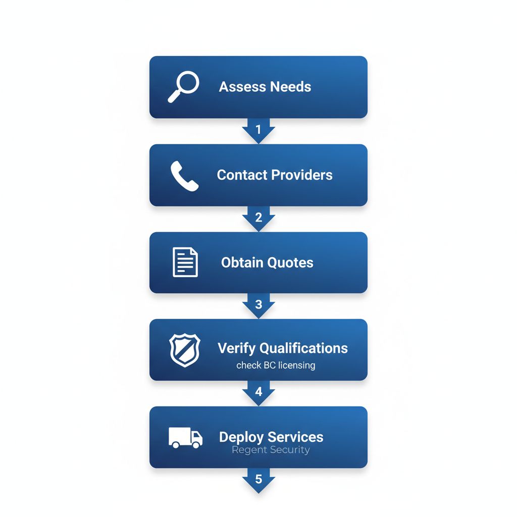Vertical process flow diagram illustrating five steps to implement hotel security services in Vancouver