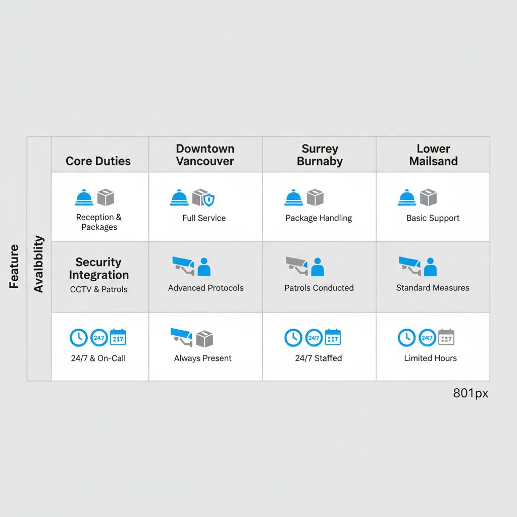 Infographic comparing concierge service features in Vancouver areas including Downtown, Surrey, Burnaby, and Lower Mainland with icons for duties, security, and availability.
