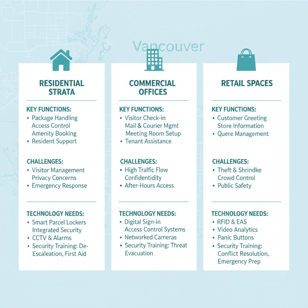 Infographic comparing concierge service needs across Vancouver's residential strata, commercial offices, and retail properties with icons and bullet points.