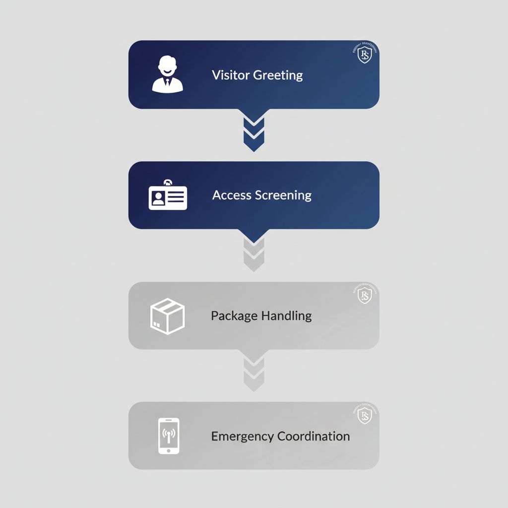 Vertical process flow diagram showing five steps of concierge security duties with icons and labels