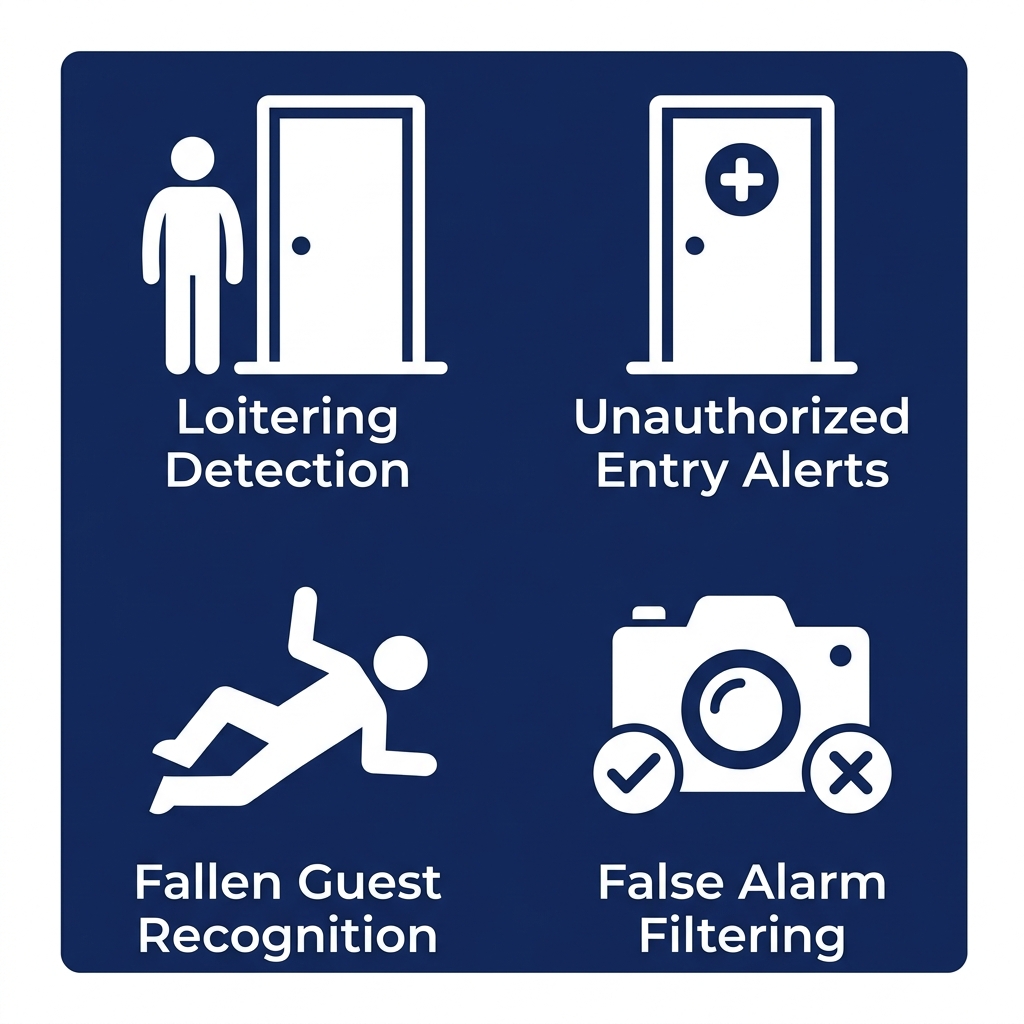 Grid of four white icons on navy background showing loitering detection, unauthorized entry, fallen guest recognition, and false alarm filtering.