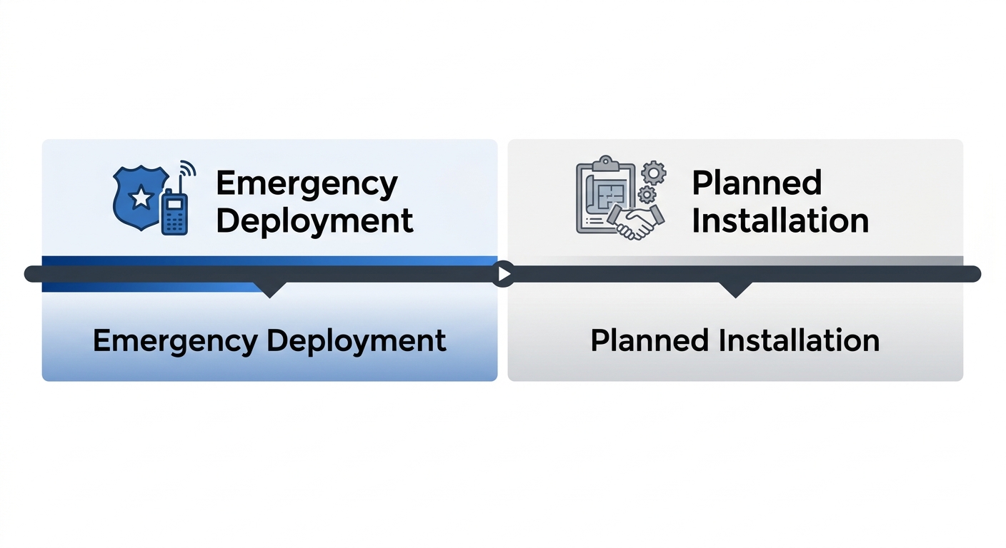 Horizontal timeline showing two sequential phases of hotel security implementation: Emergency Deployment and Planned Installation.