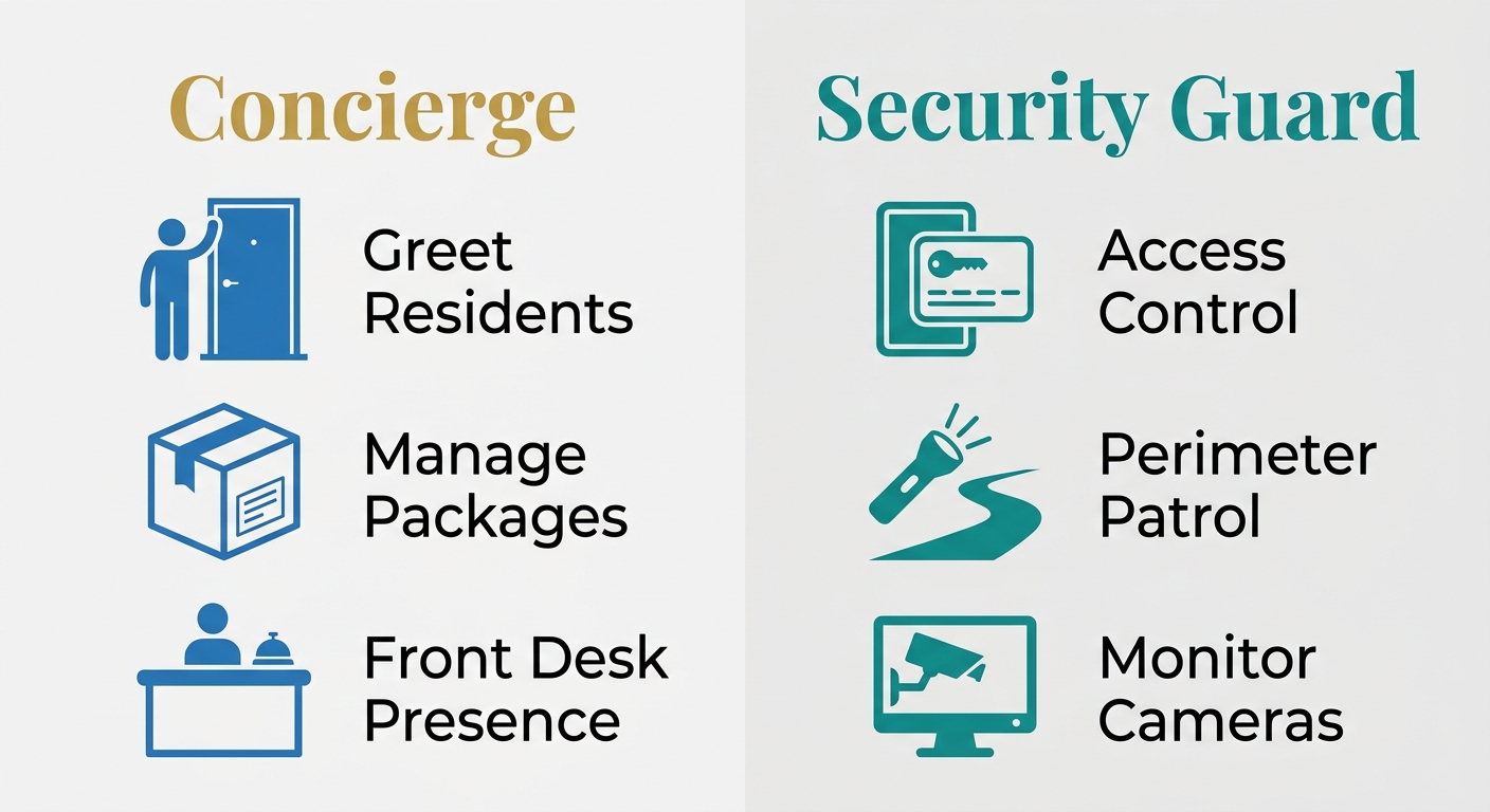 Side-by-side comparison infographic of Concierge and Security Guard roles, each with three labeled features: Concierge with Greet Residents, Manage Packages, Front Desk Presence; Security Guard with Access Control, Perimeter Patrol, Monitor Cameras.