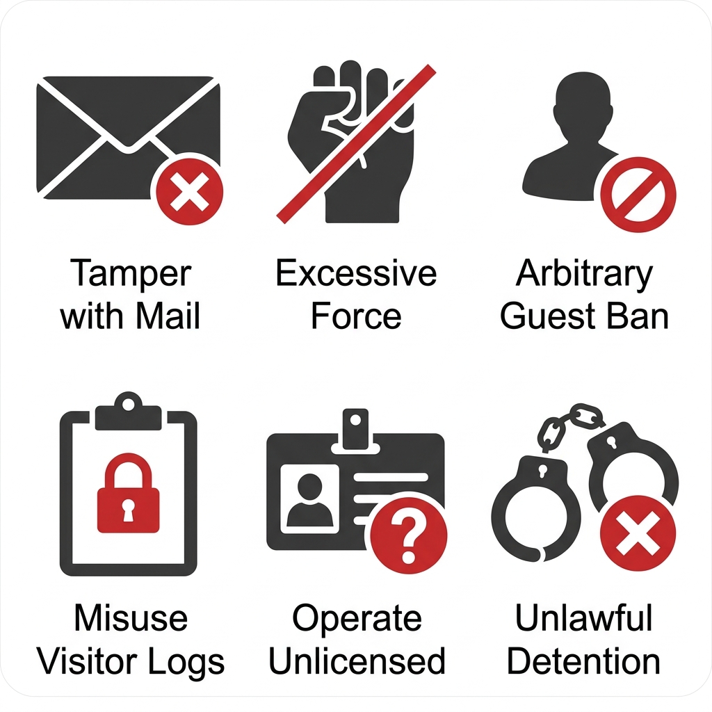 Icon set of six prohibited actions for security guards: tamper with mail, excessive force, arbitrary guest ban, misuse visitor logs, operate unlicensed, unlawful detention, each with red no symbol
