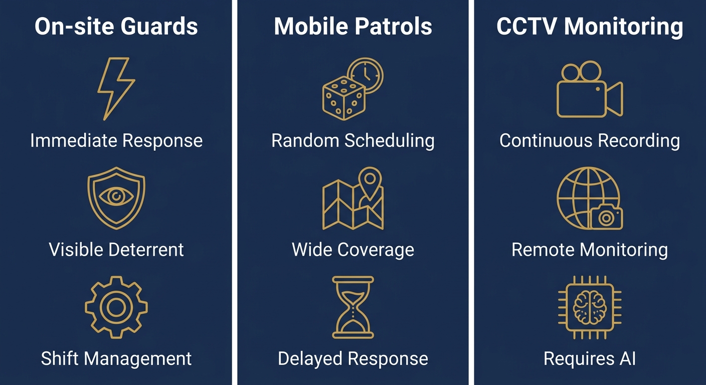 Comparison infographic of construction site security measures: on-site guards, mobile patrols, and CCTV monitoring, each with three key features illustrated by icons.
